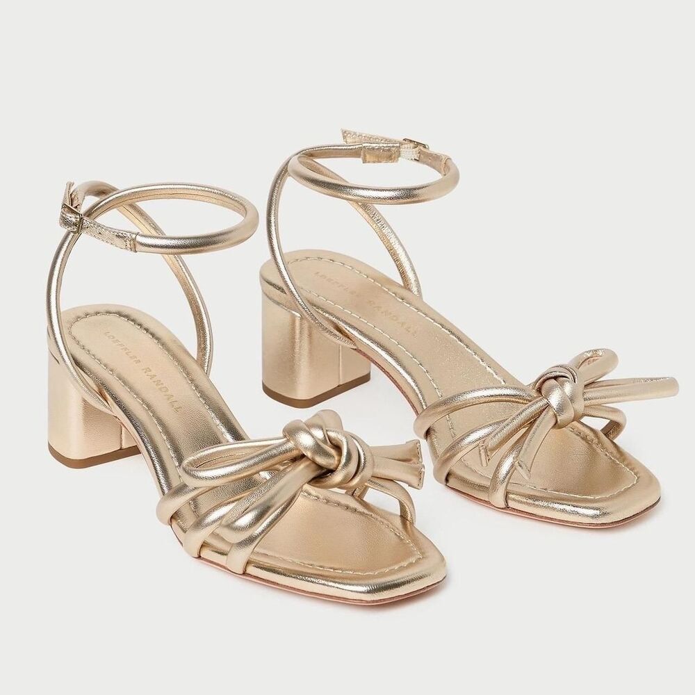 Loeffler Randall Mikel Gold Leather Bow Ankle Strap Block Heel Sandals 9.5